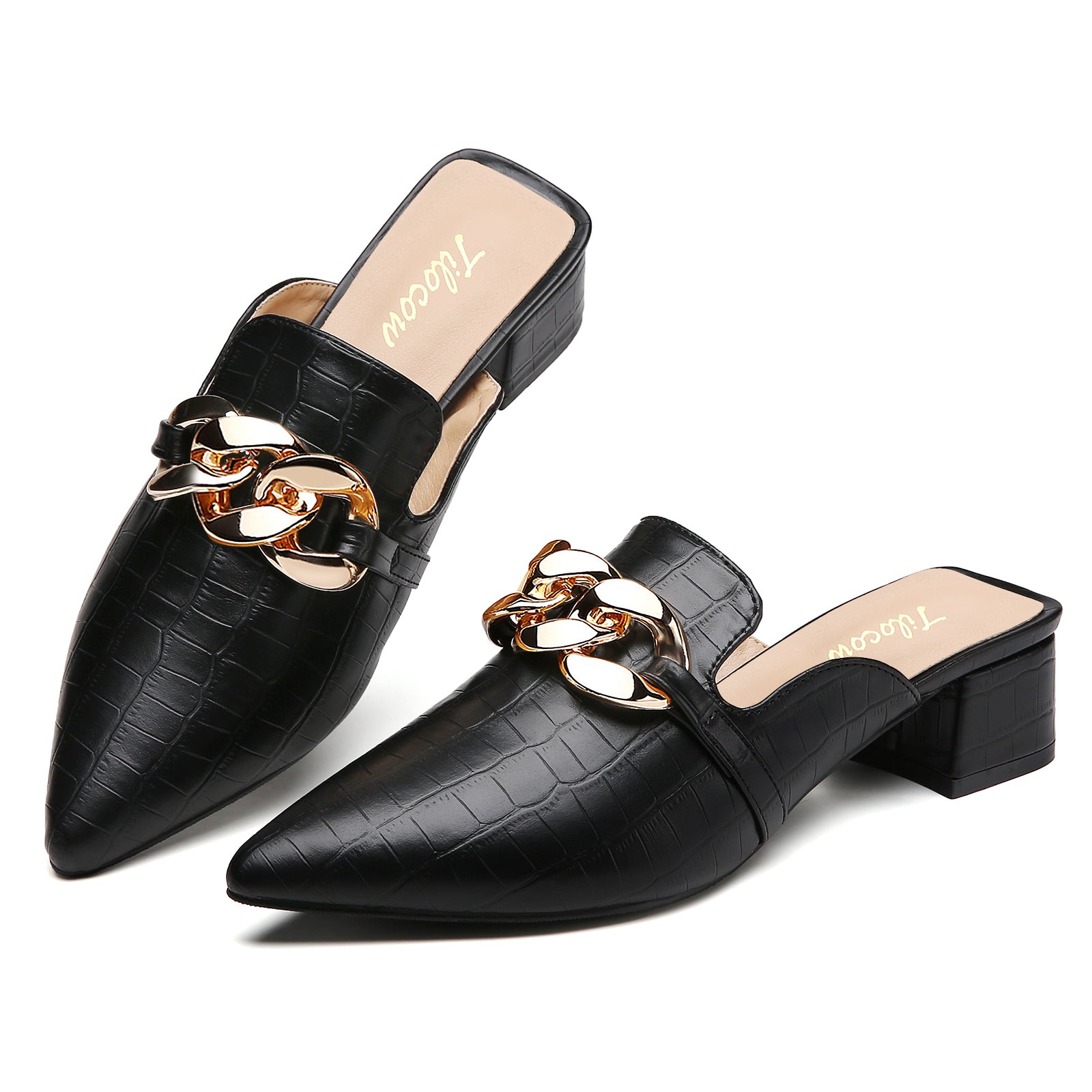 TILOCOW WOMEN SNAKE BLACK HEELED MULES