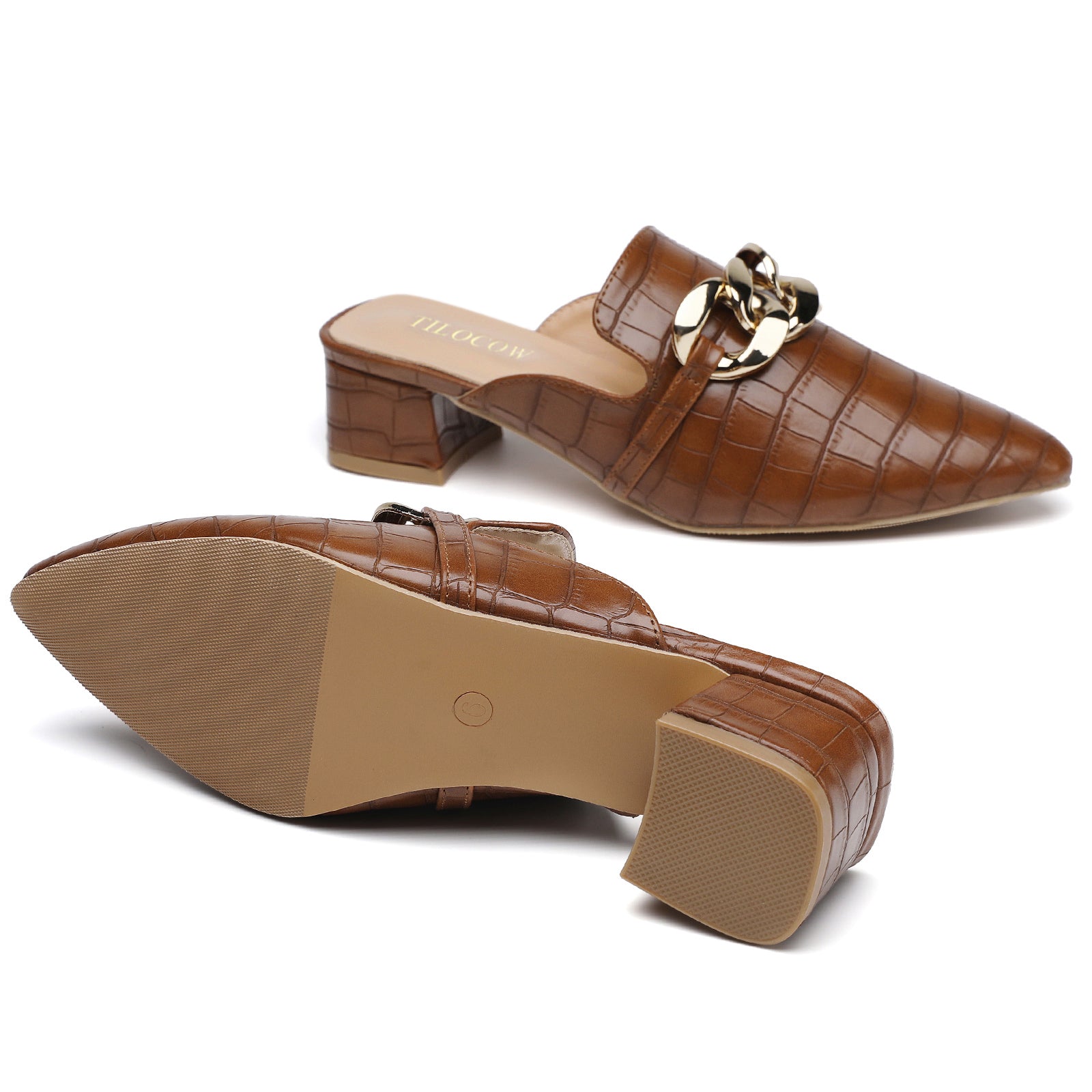 TILOCOW WOMEN SNAKE BROWN HEELED MULES