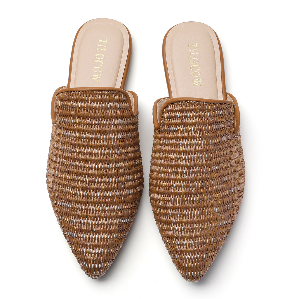TILOCOW WOMEN BROWN WOVEN FLAT MULES