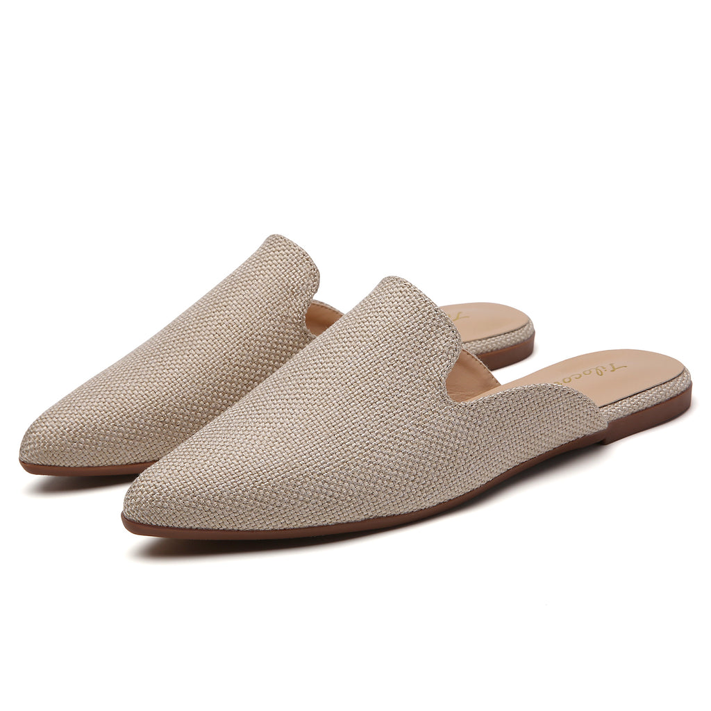 TILOCOW WOMEN BEIGE BURLAP FLAT MULES