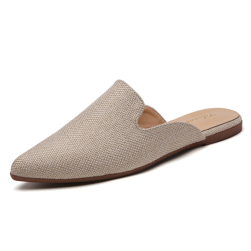TILOCOW WOMEN BEIGE BURLAP FLAT MULES