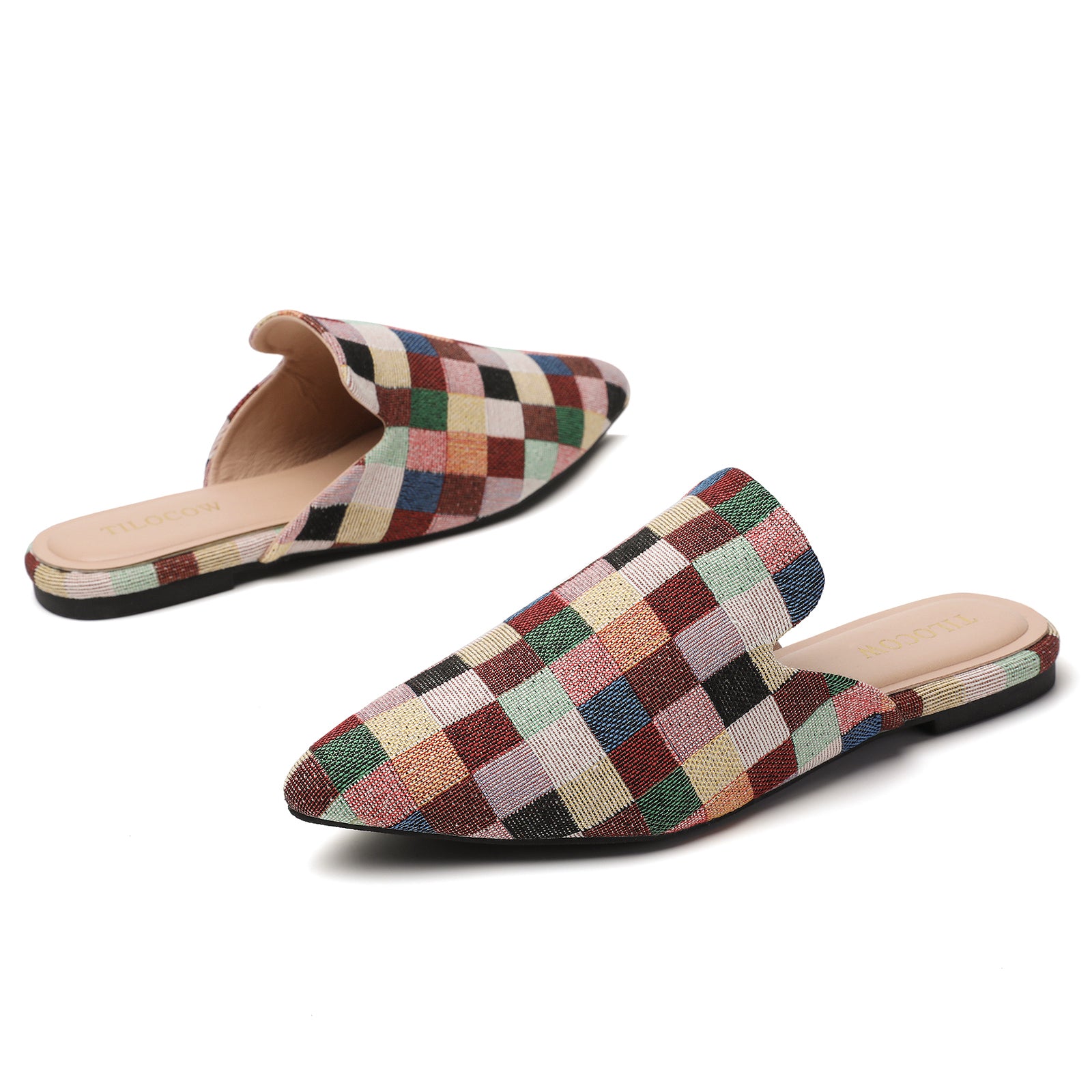 TILOCOW WOMEN MULTICOLORED PLAID FLAT MULES