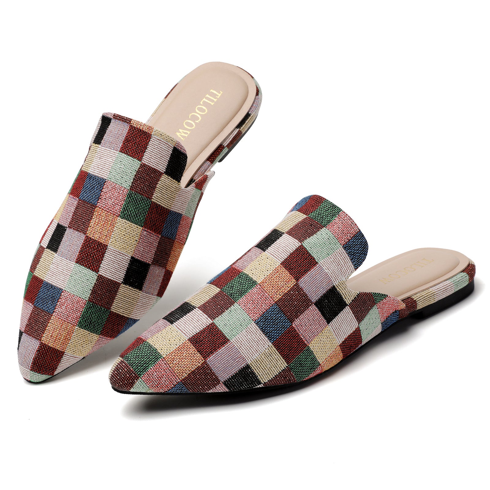 TILOCOW WOMEN MULTICOLORED PLAID FLAT MULES