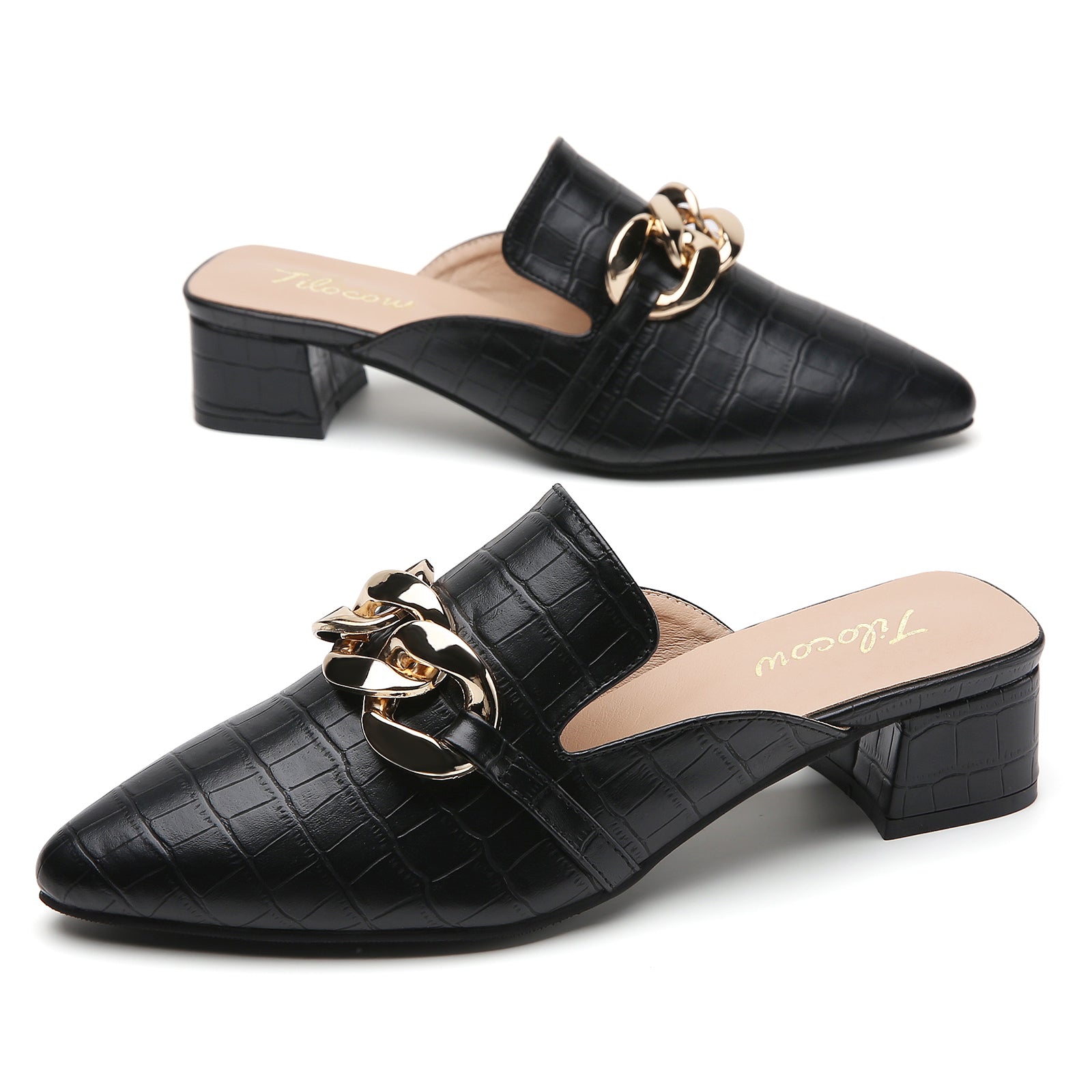 TILOCOW WOMEN SNAKE BLACK HEELED MULES
