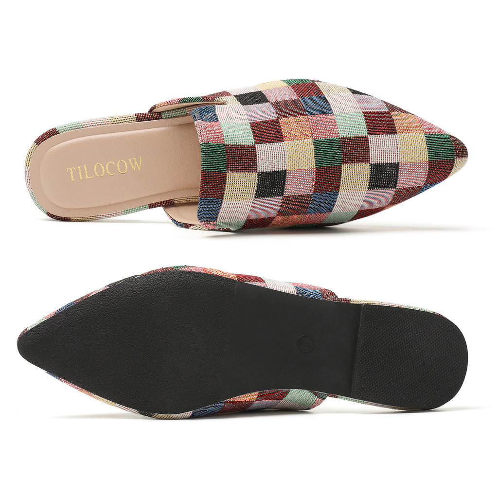 TILOCOW WOMEN MULTICOLORED PLAID FLAT MULES