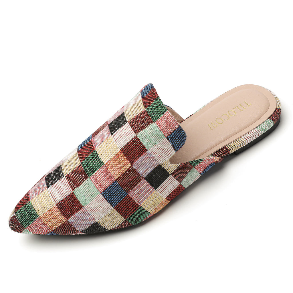 TILOCOW WOMEN MULTICOLORED PLAID FLAT MULES
