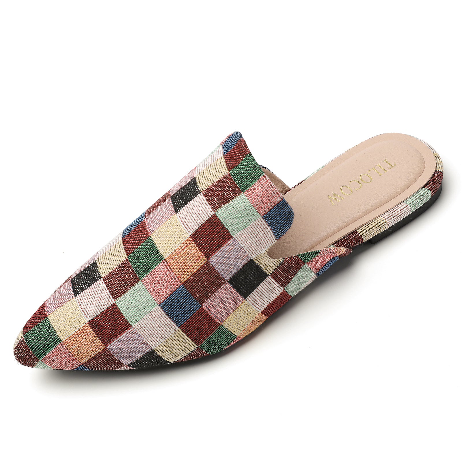 TILOCOW WOMEN MULTICOLORED PLAID FLAT MULES
