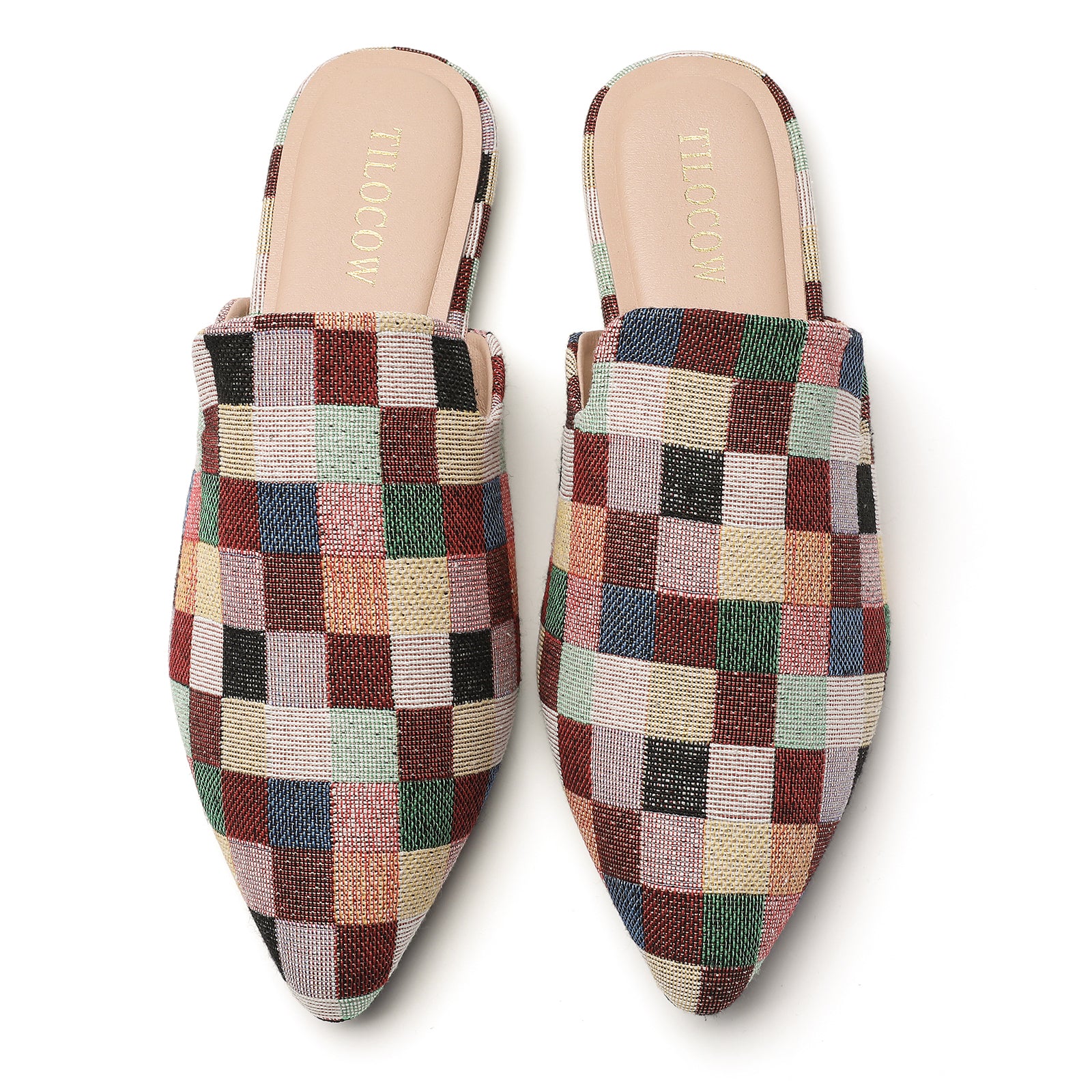 TILOCOW WOMEN MULTICOLORED PLAID FLAT MULES