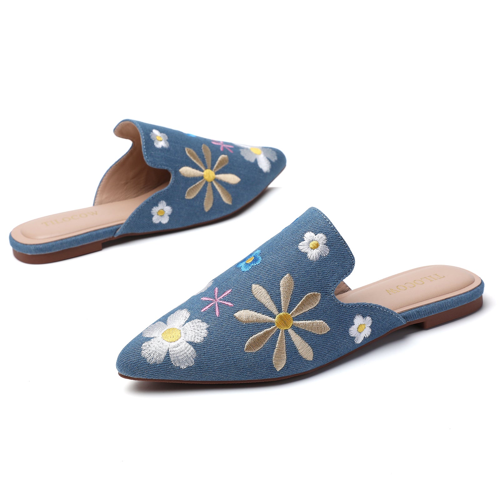 TILOCOW WOMEN DENIM FLOWER FLAT MULES