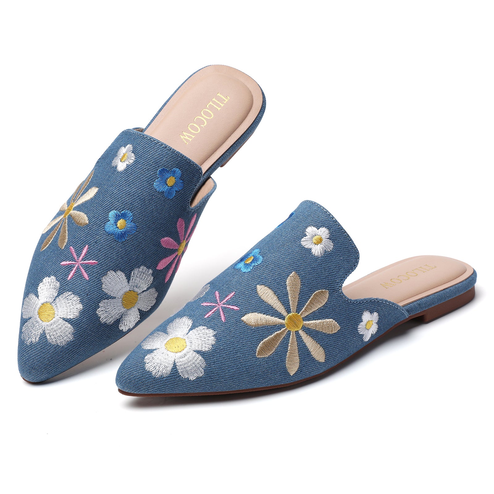 TILOCOW WOMEN DENIM FLOWER FLAT MULES