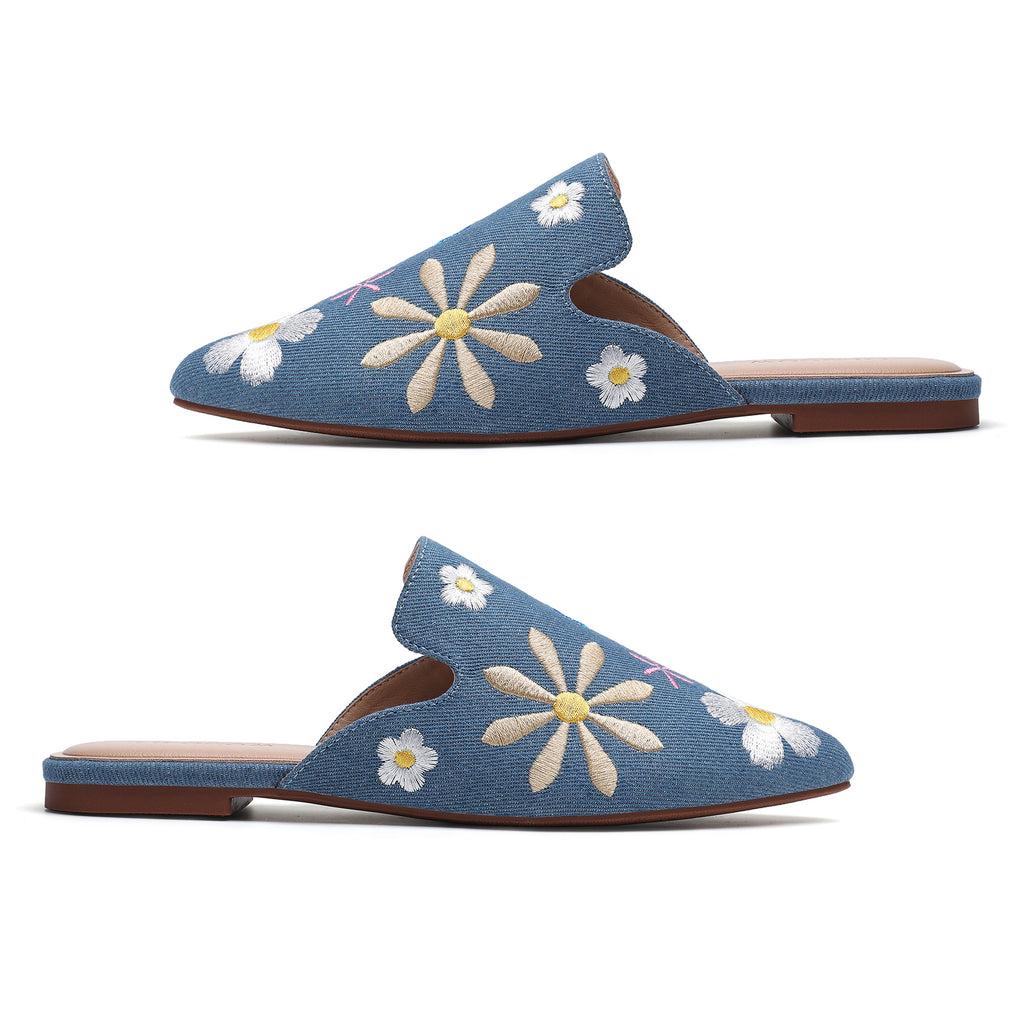 TILOCOW WOMEN DENIM FLOWER FLAT MULES