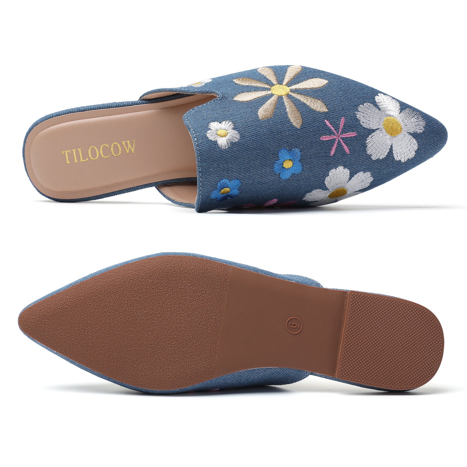 TILOCOW WOMEN DENIM FLOWER FLAT MULES