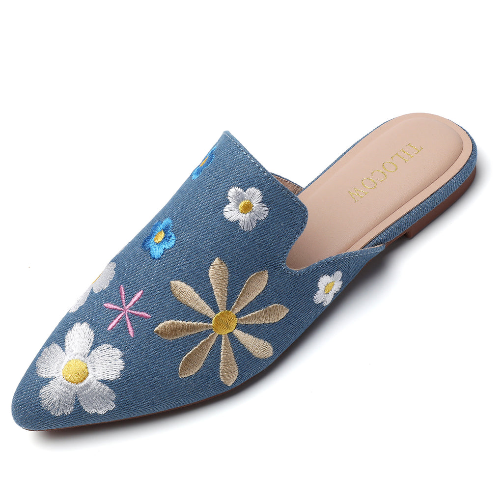 TILOCOW WOMEN DENIM FLOWER FLAT MULES