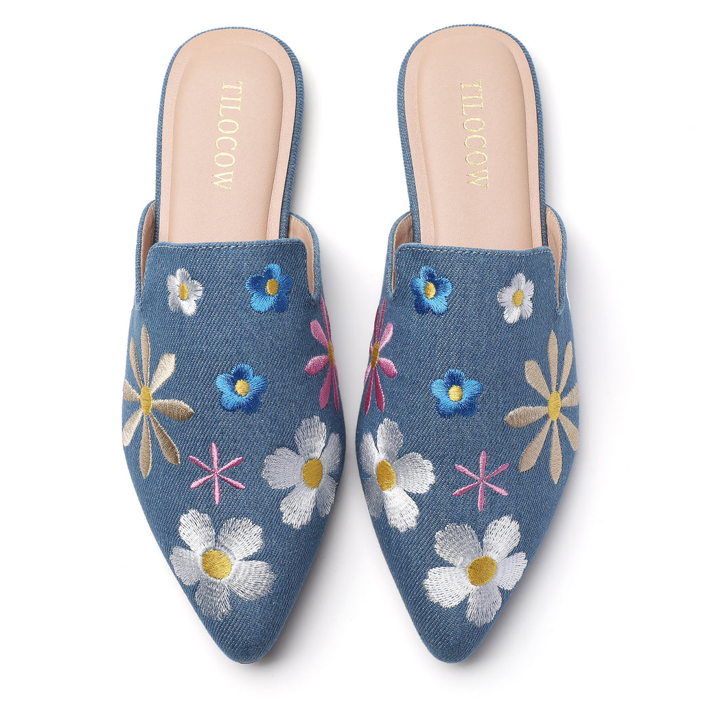 TILOCOW WOMEN DENIM FLOWER FLAT MULES