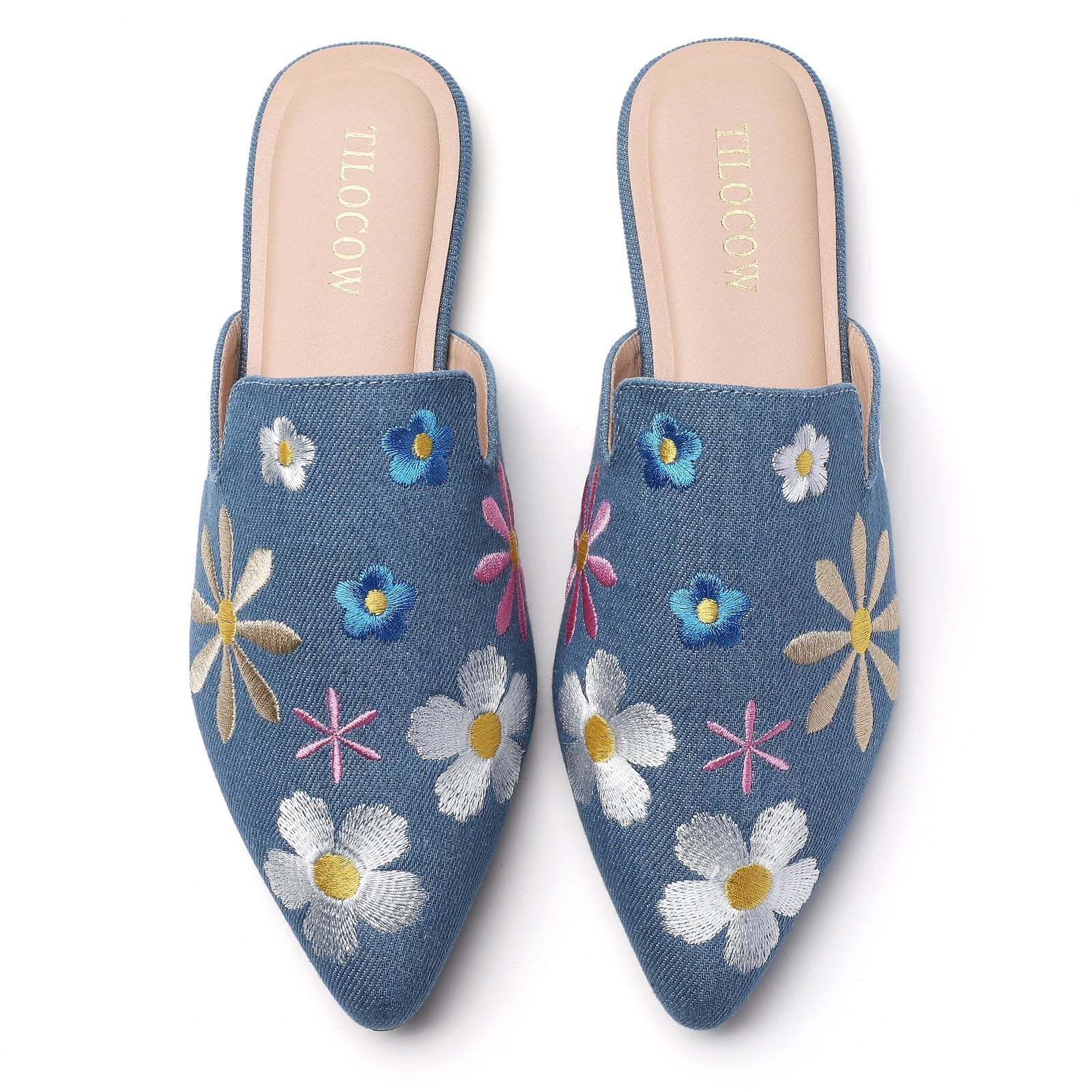 TILOCOW WOMEN DENIM FLOWER FLAT MULES