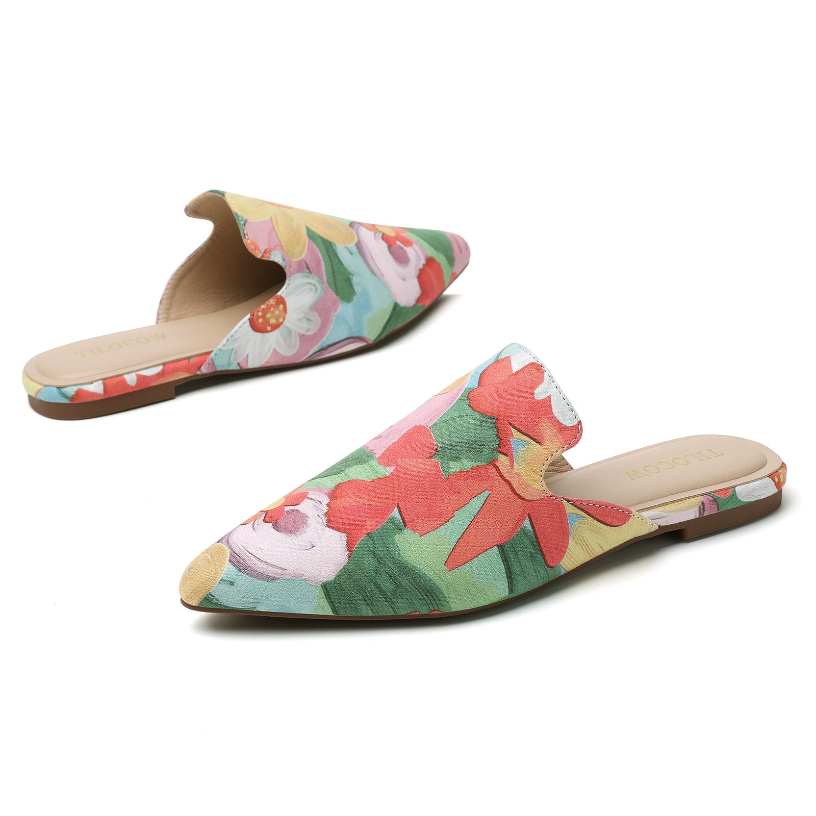 TILOCOW WOMEN RED FLORAL FLAT MULES