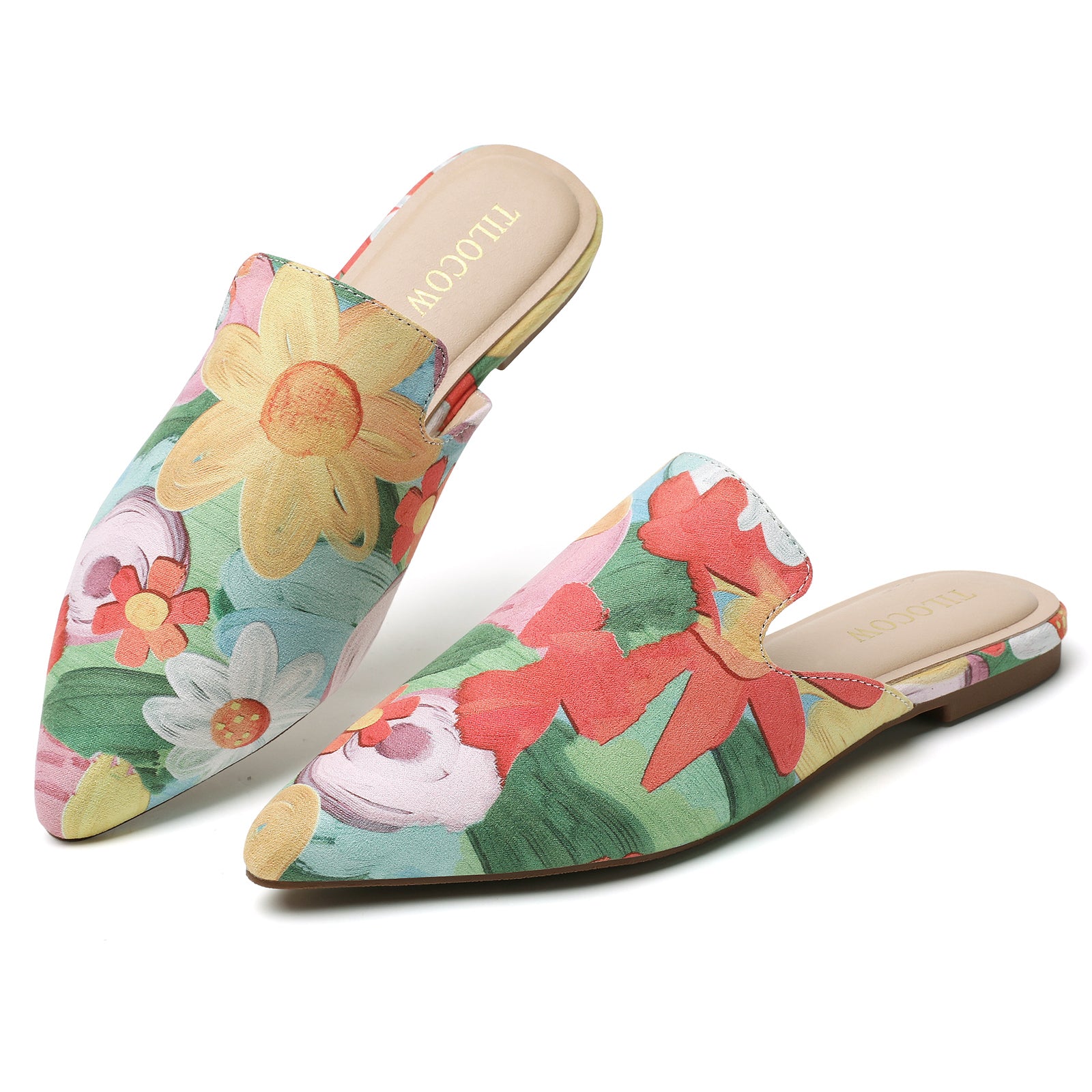 TILOCOW WOMEN RED FLORAL FLAT MULES