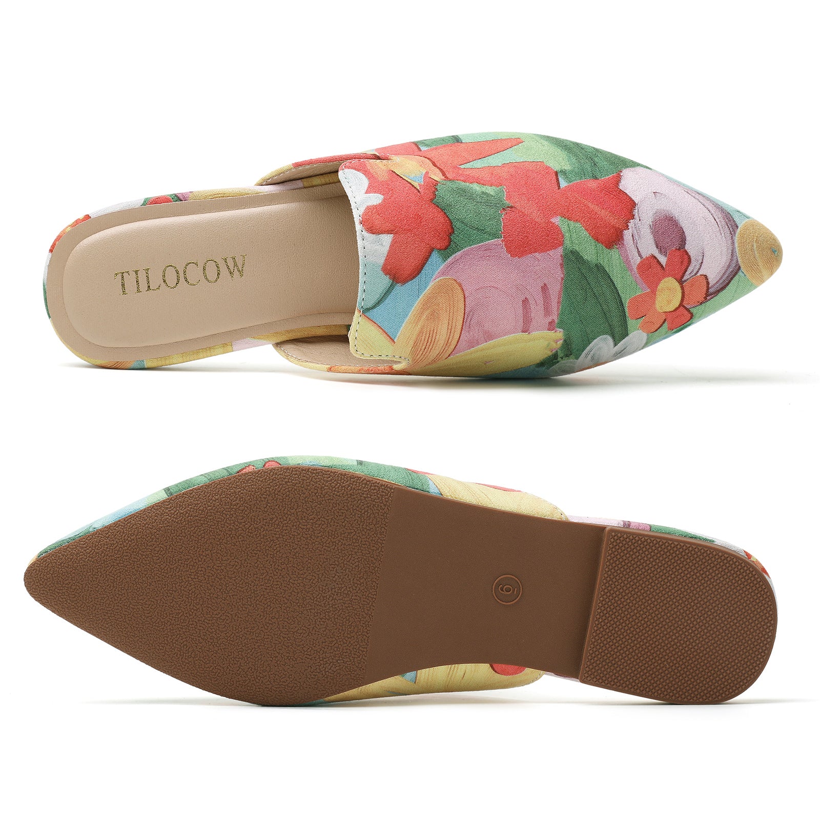 TILOCOW WOMEN RED FLORAL FLAT MULES