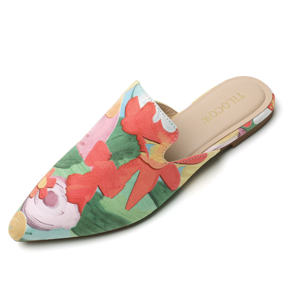 TILOCOW WOMEN RED FLORAL FLAT MULES